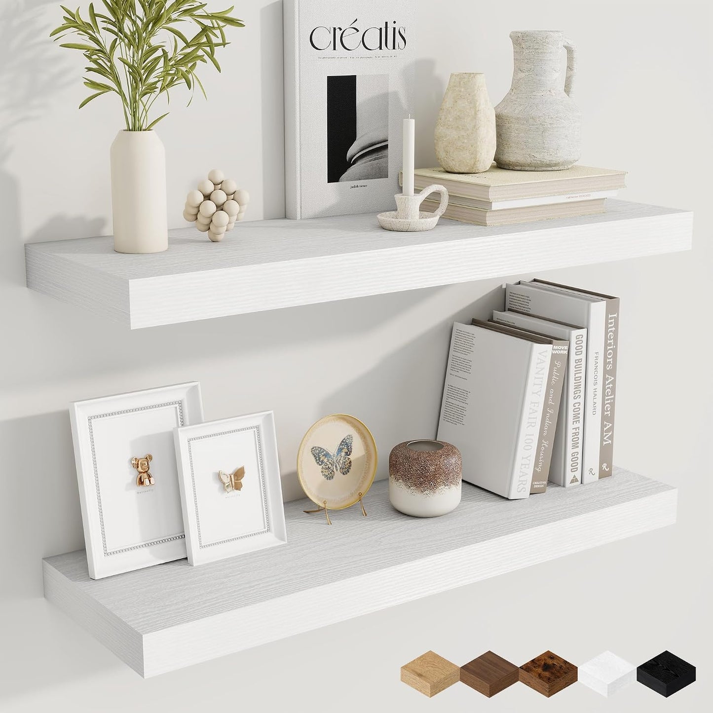 Fun Memories 9.3Inch Deep Floating Shelves for Wall, 30 Inch Rustic Wood Wall Mounted Shelves for Bathroom, Bedroom, Kitchen, Deep Floating Shelf for Storage &amp; Home Decor (White, Set of 2)