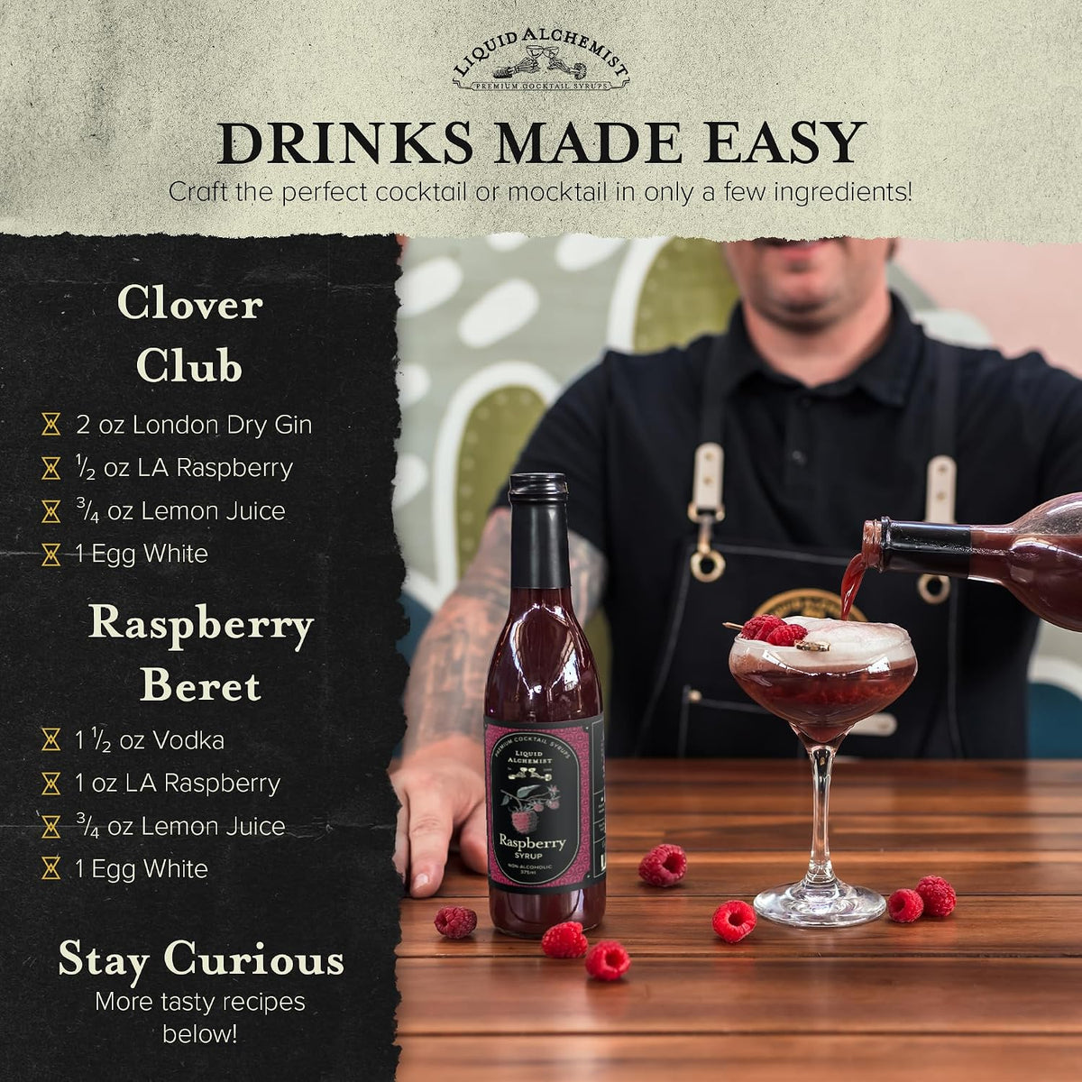 Liquid Alchemist Raspberry Syrup for Cocktails | Real Ingredients Make our Raspberry Syrup for Drinks a great Margarita Mix | Small Batch, Non-GMO &amp; Vegan | 25.4 oz Drink Mixer, Pack of 1