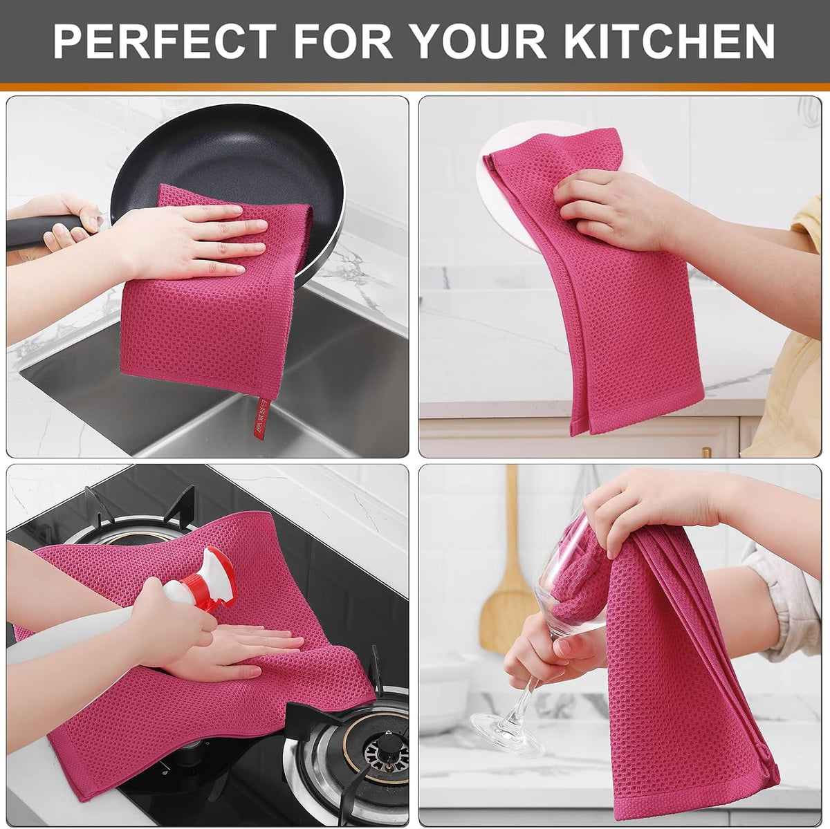 Kitinjoy 100% Cotton Waffle 4-Pack Kitchen Towels, 13" x 28", Hot Pink | Super Soft, Ultra-Absorbent, Fast Drying, lightweight, Quick Drying Kitchen Hand Towels