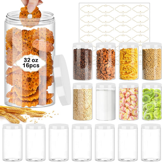 32 OZ Plastic Jars,16 Pcs Clear Plastic Jars with White Lids Round Empty Storage Jar Wide Mouth Refillable Storage Container