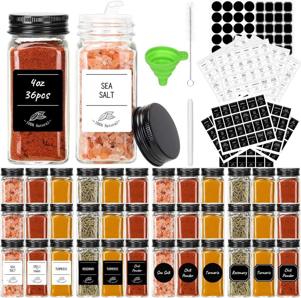 CycleMore 36 Pack 4oz Glass Spice Jars with Black Metal Caps &amp; Shaker Lid