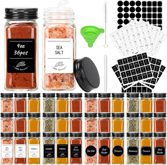 CycleMore 36 Pack 4oz Glass Spice Jars with Black Metal Caps &amp; Shaker Lid