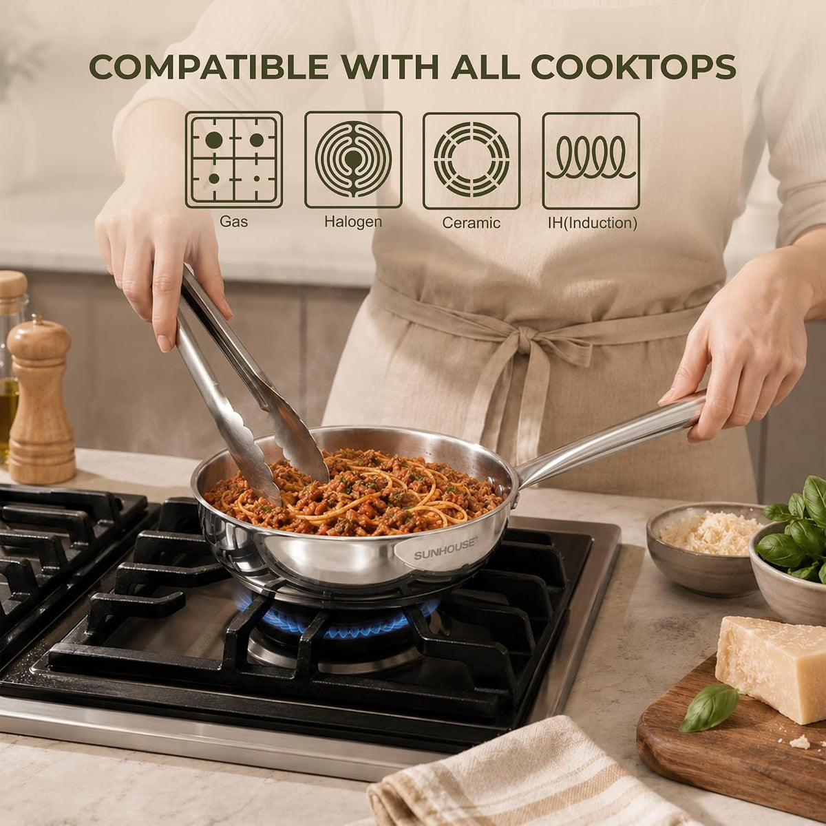 Sunhouse 18/10 9 Inch Stainless Steel Frying Pan, Whole-Clad No Coatings Skillet with Stay-cool Handle for Cooking, Durable & Oven Safe to 500°F, Dishwasher Safe, Compatible with All Cooktops