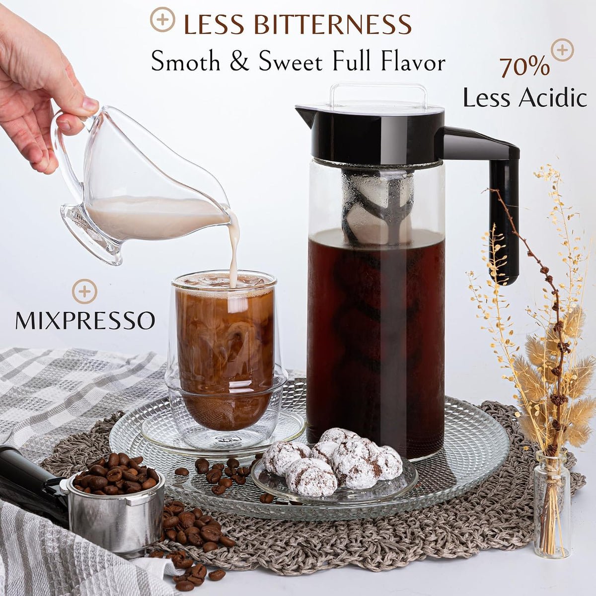 Mixpresso Cold Brew Coffee Maker, 44 Oz Glass Cold Brew Pitcher with Filter | Iced Coffee &amp; Tea Maker with Reusable Mesh Filter, Glass Pitcher for Loose Leaf Tea Easy to Clean and Designed for the Fridge