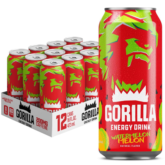 Gorilla Energy Drink, Watermelon Melon, 200mg Natural Caffeine, Real Fruit Juice Squeezed & Concentrated, L-Theanine,