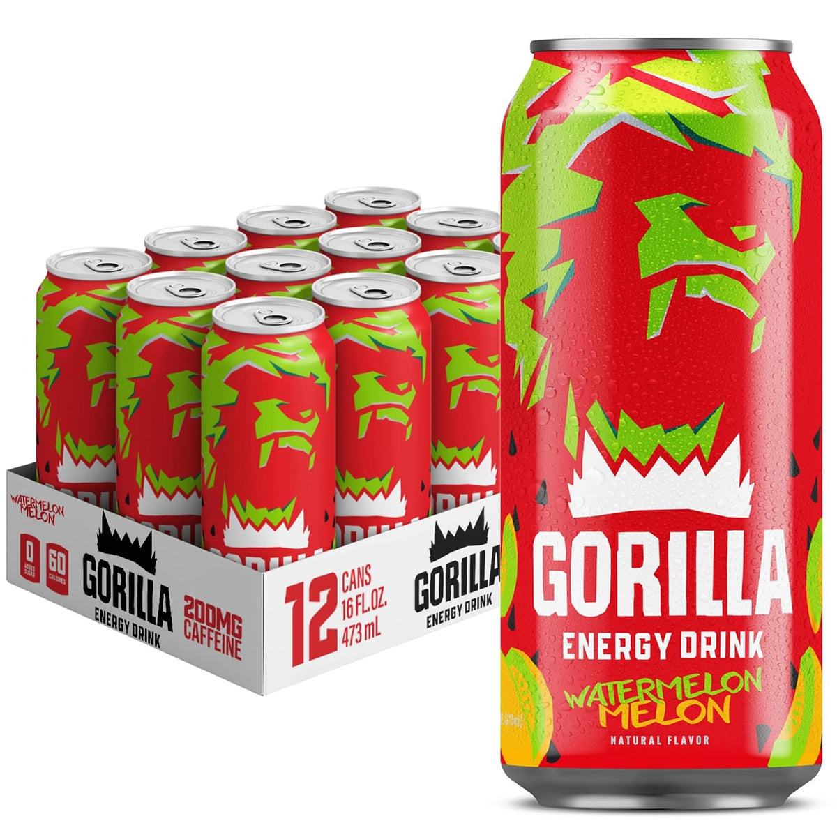 Gorilla Energy Drink, Watermelon Melon, 200mg Natural Caffeine, Real Fruit Juice Squeezed &amp; Concentrated, L-Theanine, Taurine, Ginseng, Acetyl L-Carnitine, No Added Sugar and No Artificial Colors, 12 Pack