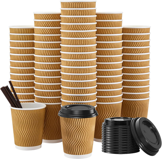 90 Pack - 8 oz Disposable Coffee Cups with Lids and Straws,To go Coffee Cups,Insulated Corrugated Paper Cups,Kraft Ripple
