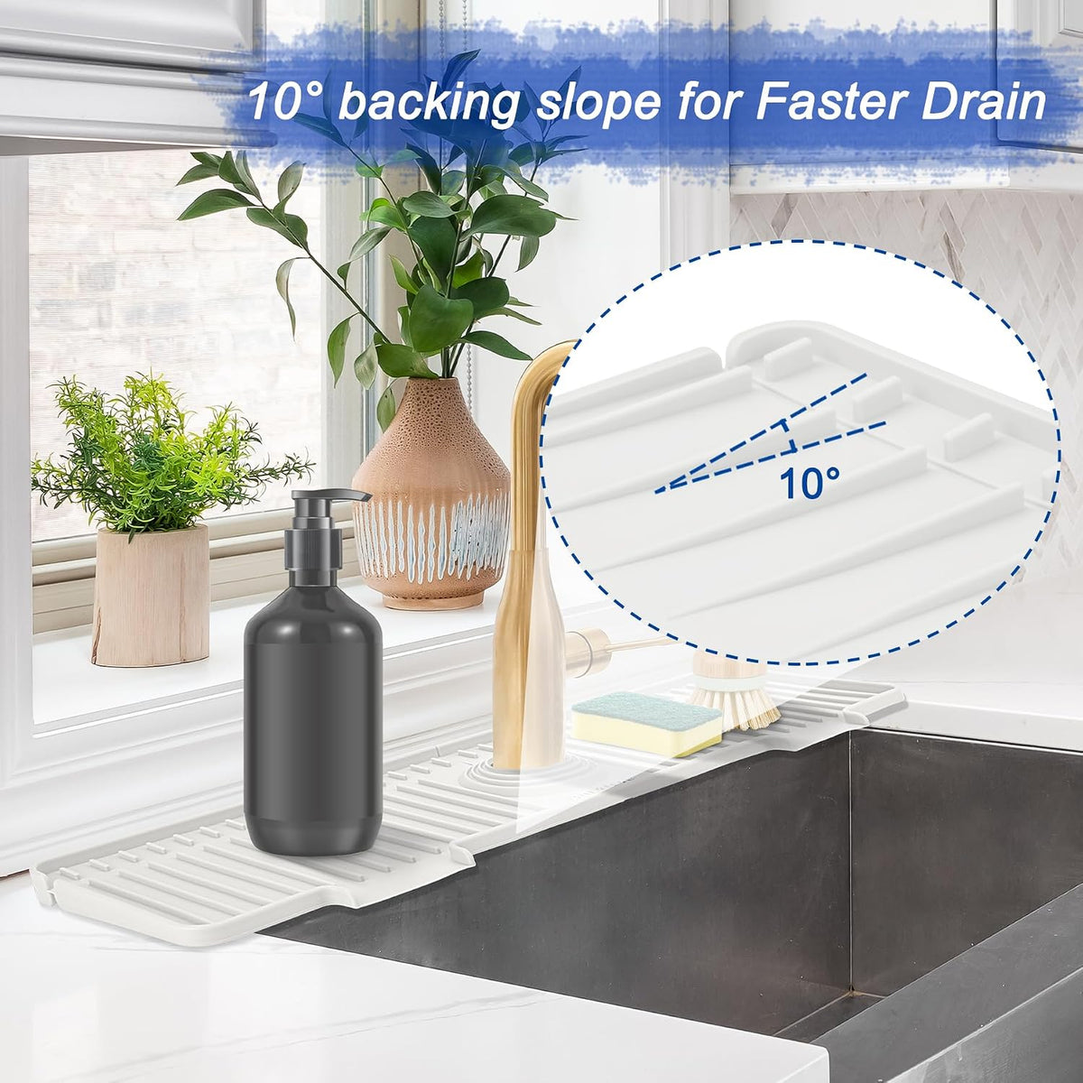 Kitchen Sink Splash Guard, 20IN Longer Silicone Faucet Guard &amp; Draining Mat, Bathroom and Kitchen Sink Organizer, Sink Faucet Mat Water Splash Guard Behind Faucet Accessories Gadget, 20” x 5.5”, White