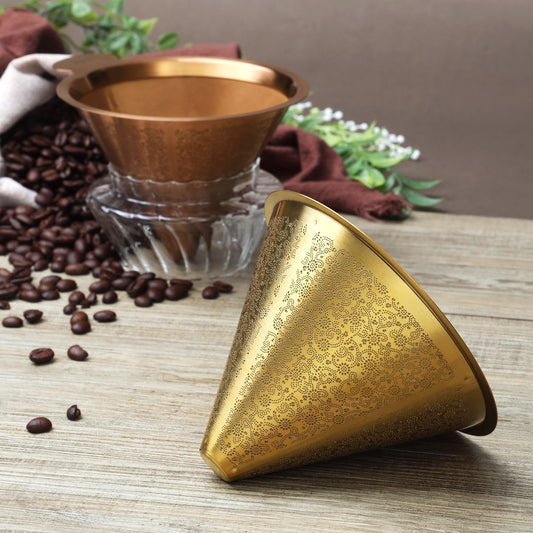 ATHIA Golden Reusable Stainless Steel Pour Over Coffee Dripper, Laser Etched Double Mesh Cone Filter, Paperless,