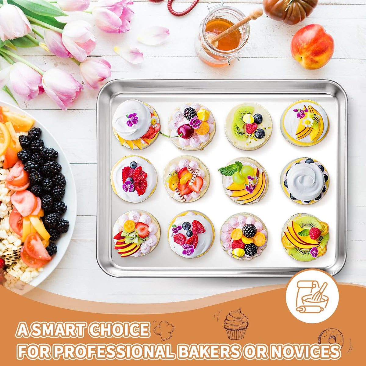 Stainless Steel Baking Sheet Set of 2, Deedro Cookie Sheet Metal Baking Pan Oven Tray, Non Toxic &amp; Heavy Duty, Rust Free &amp; Mirror Finish, Easy Clean &amp; Dishwasher Safe, 12 x 10 x 1 Inch
