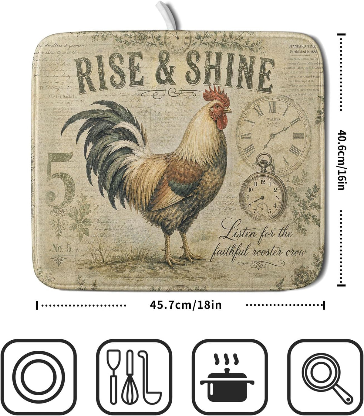 Farmhouse Rooster Dish Drying Mat 16 x 18 Inch with Hanging Loop High Absorbent Reversible Microfiber Dish Drying Pad Drainer Mat for Kitchen Counter Coffee Bar