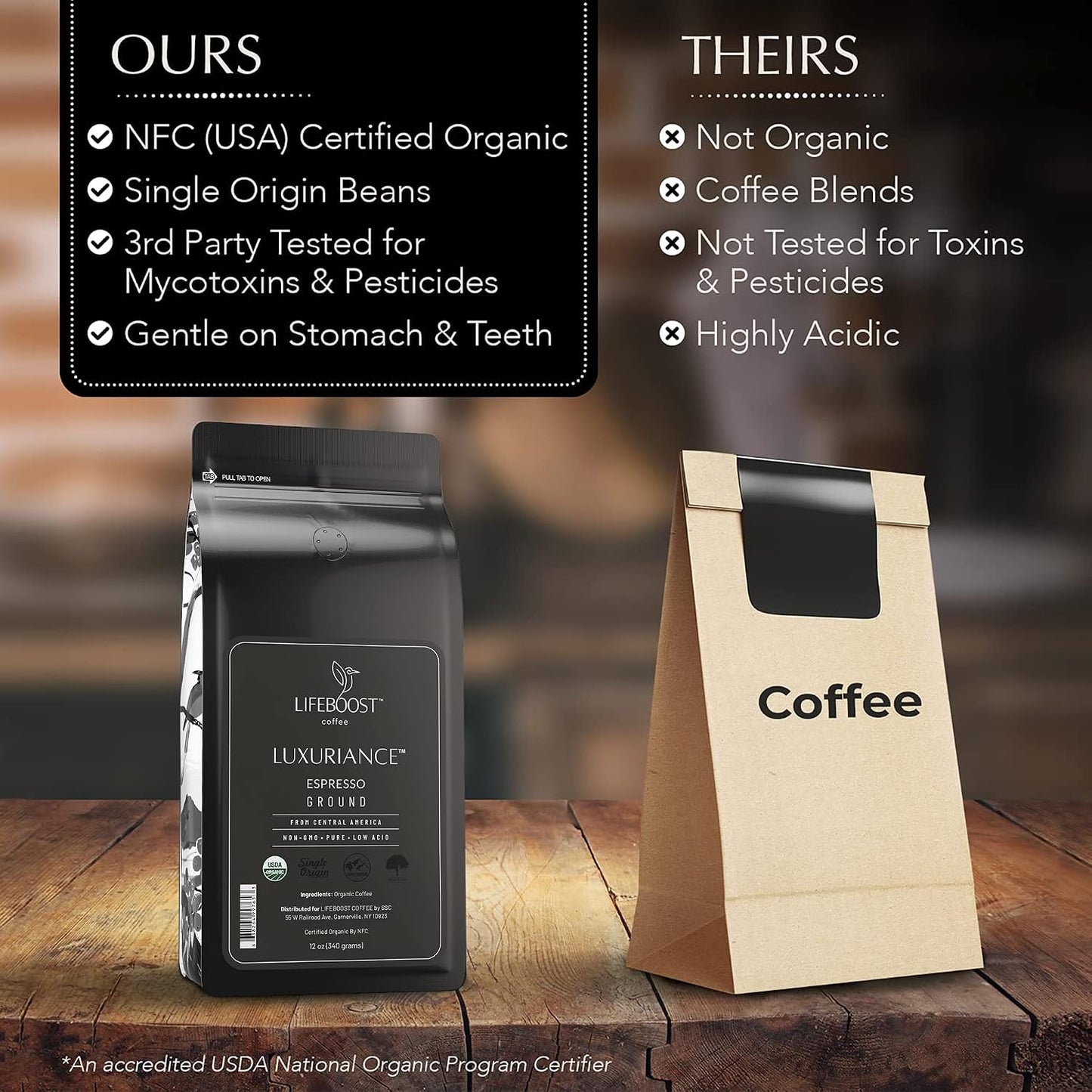 Lifeboost Organic Espresso Ground Coffee - Non-GMO Low Acid Single Origin USDA Shade Grown Organic Espresso Coffee - Third Party Tested For Mycotoxins &amp; Pesticides 12oz Bag