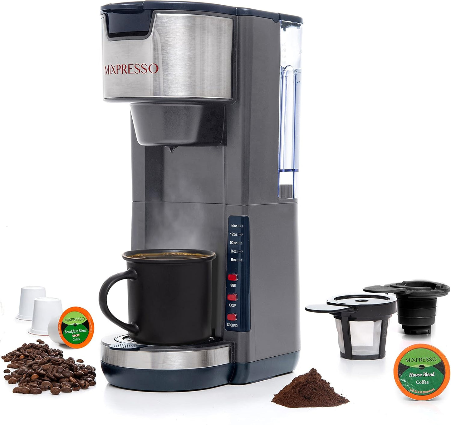 Mixpresso Gray Single Serve Coffee Brewer K-Cup Pods Compatible & Ground, 30 oz Compact Coffee Maker