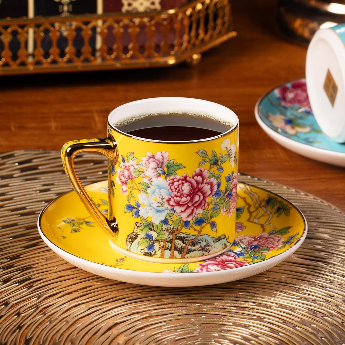 KAMMAK Tea Cup and Saucer, Ceramic Coffee Cups, 7.5 oz, Set of 2 | Porcelain Tea Cups with Saucers for Coffee and Cappuccino, Ideal for Breakfast, Afternoon Tea and Entertaining,633+634N