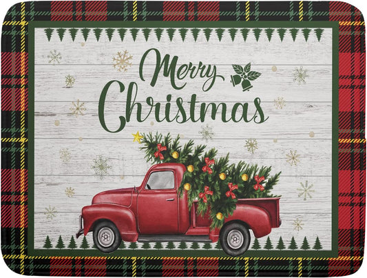 Christmas Dish Drying Mat 18x24 Inch for Kitchen Counter Decor Absorbent Reversible Microfiber Red Truck Buffalo Check Plaid