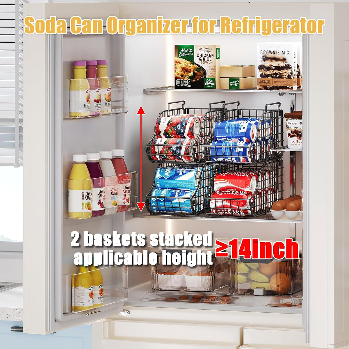 4-Pack Stackable Canned Food Organizer with Handles for Kitchen, Soda Can Organizer for Pantry Shelves, Wire Cabinet Shelf for Can Storage, Foldable Soda Dispenser, Patent Pending, Black