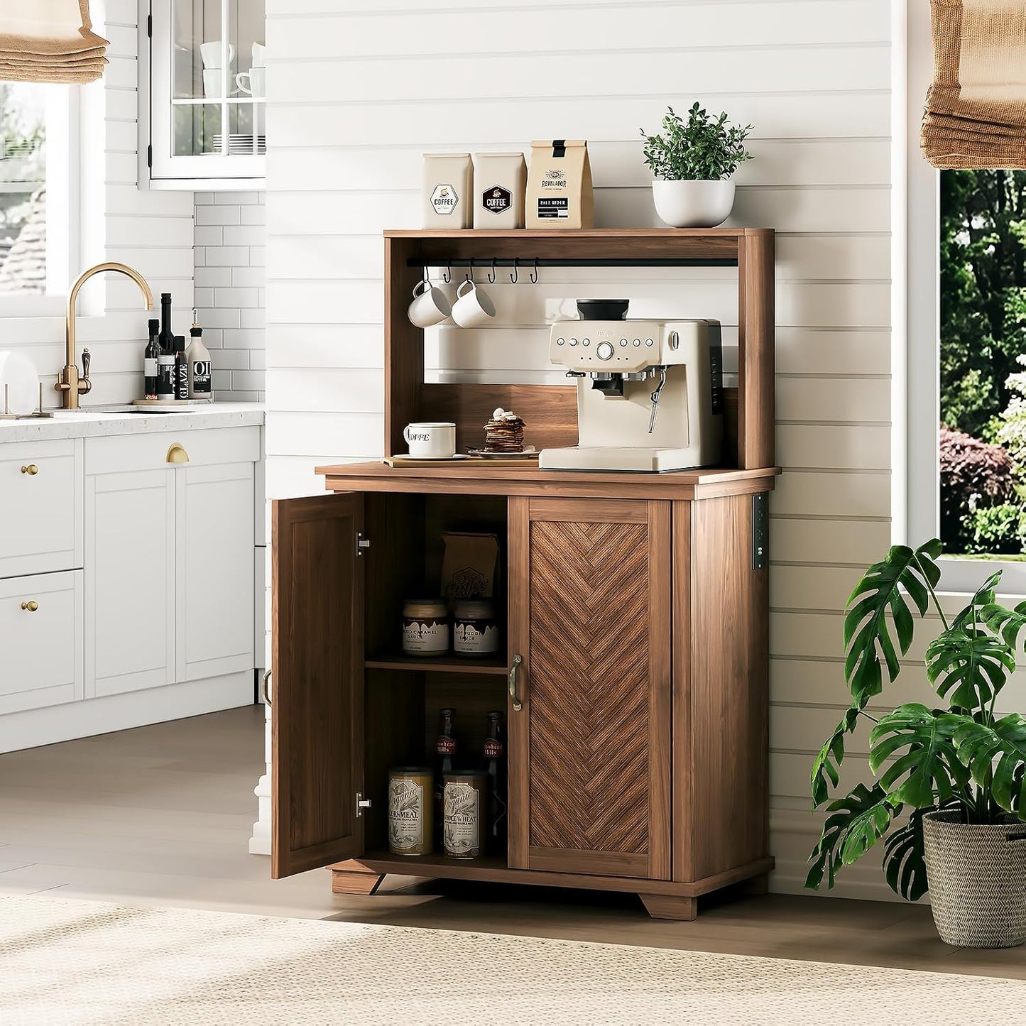 JOINICE Coffee Bar Cabinet with Storage and Charging Station,Walnut | Farmhouse,Herringbone Panel,31.5" Countertop Space,Holds 100lbs,Open Top Shelf+Adjustable Shelf,USB/AC,6-Hook,Easy Assembly
