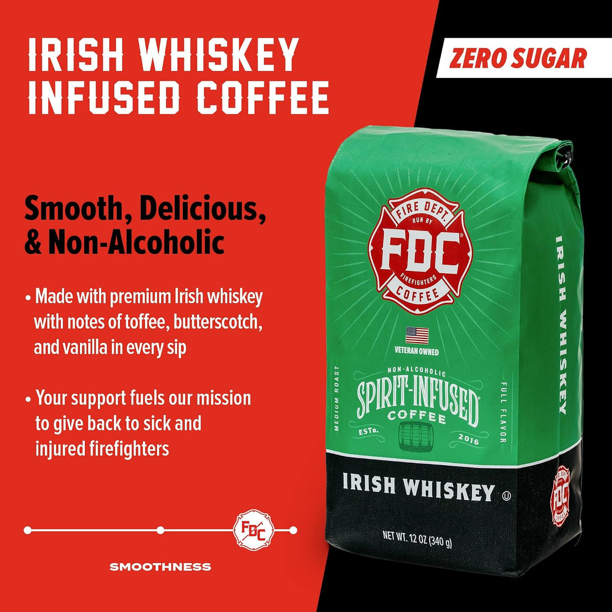 Fire Department Coffee Irish Whiskey Infused Coffee Beans - 12 oz | Gives Back to Firefighters - Medium Roast - Non-Alcoholic - Roasted in the USA - Whole Bean - Veteran Owned