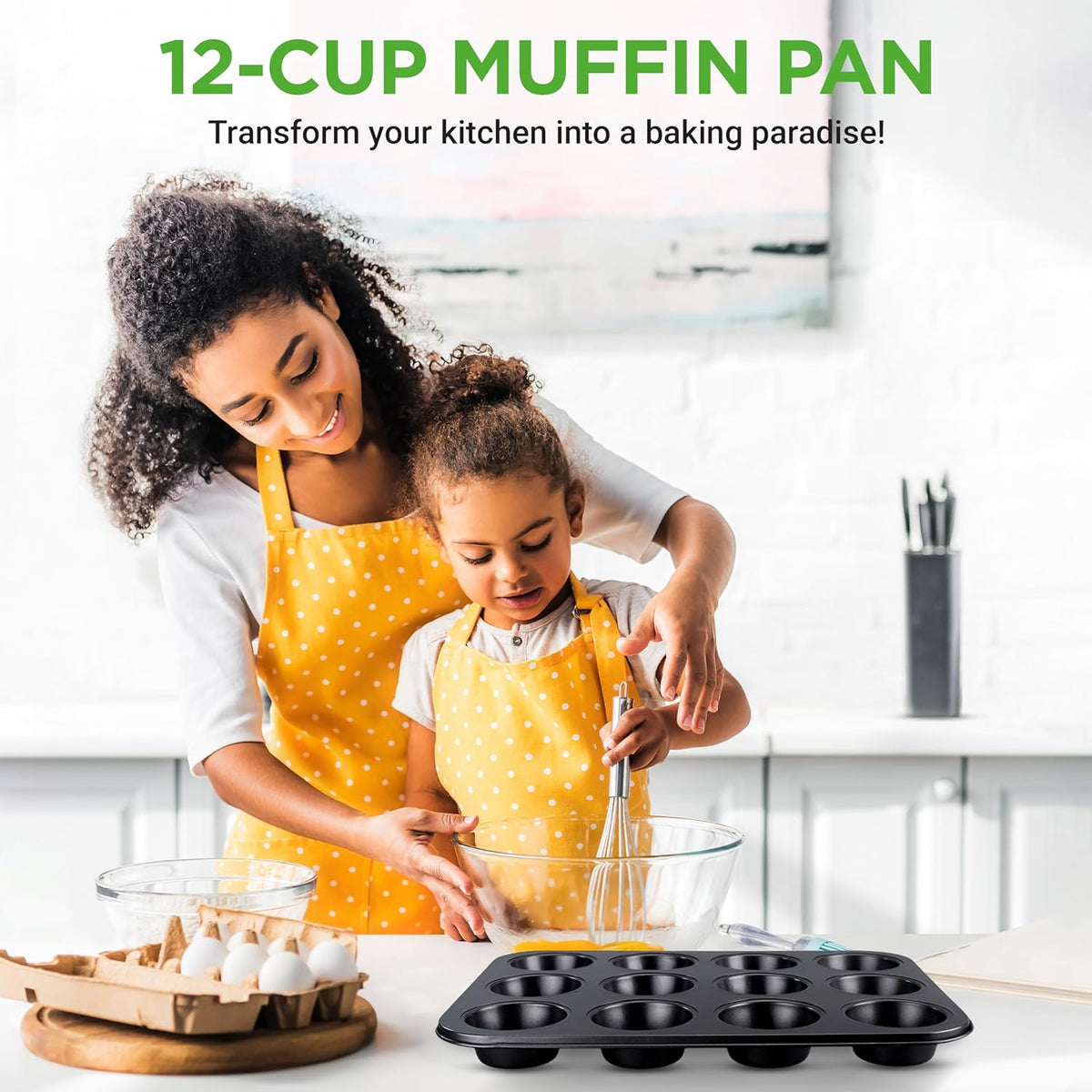 NutriChef 12-cup Black Oven Muffin Pan, Non-Stick Coated Layer Surface, Even Heating Muffin Tray for Muffins, Cupcakes, Pastries & Mini Pies, Used for Model Number NCBK6BK