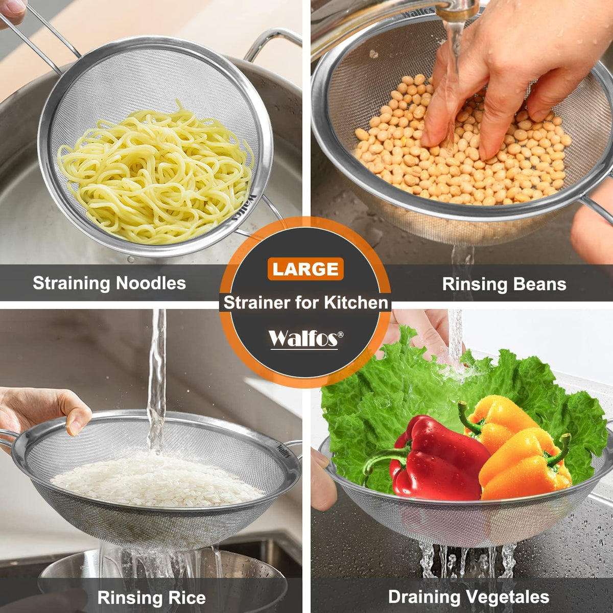 Walfos Large Fine Mesh Strainer 9.35" &amp; 7.8", Stainless Steel Mesh Sieve with Sturdy Handle, Kitchen Metal Food Strainers for Quinoa, Rice, Pasta, Fruits, Vegetables, etc., Set of 2