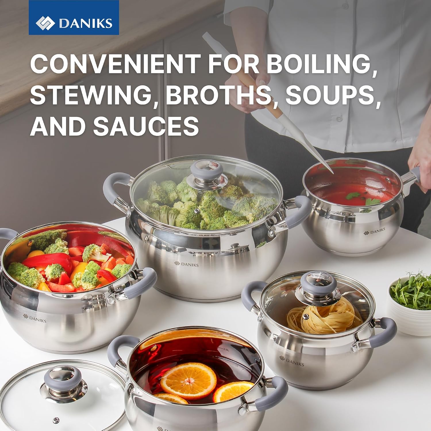 Daniks Modern 11-Piece Stainless Steel Cookware Set with Glass Lids, Includes Saucepan and Frying Pan with Lid, Tri-Ply