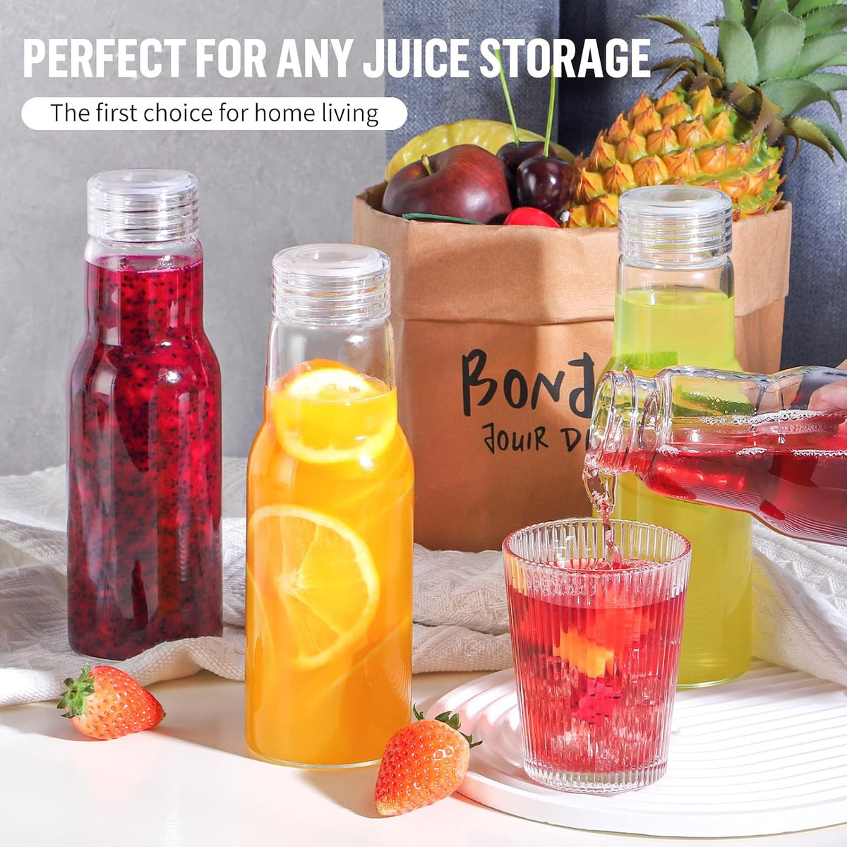 CWHHRN 17 Oz Glass Juice Bottles with Lids, 2 Pack Glass Bottles