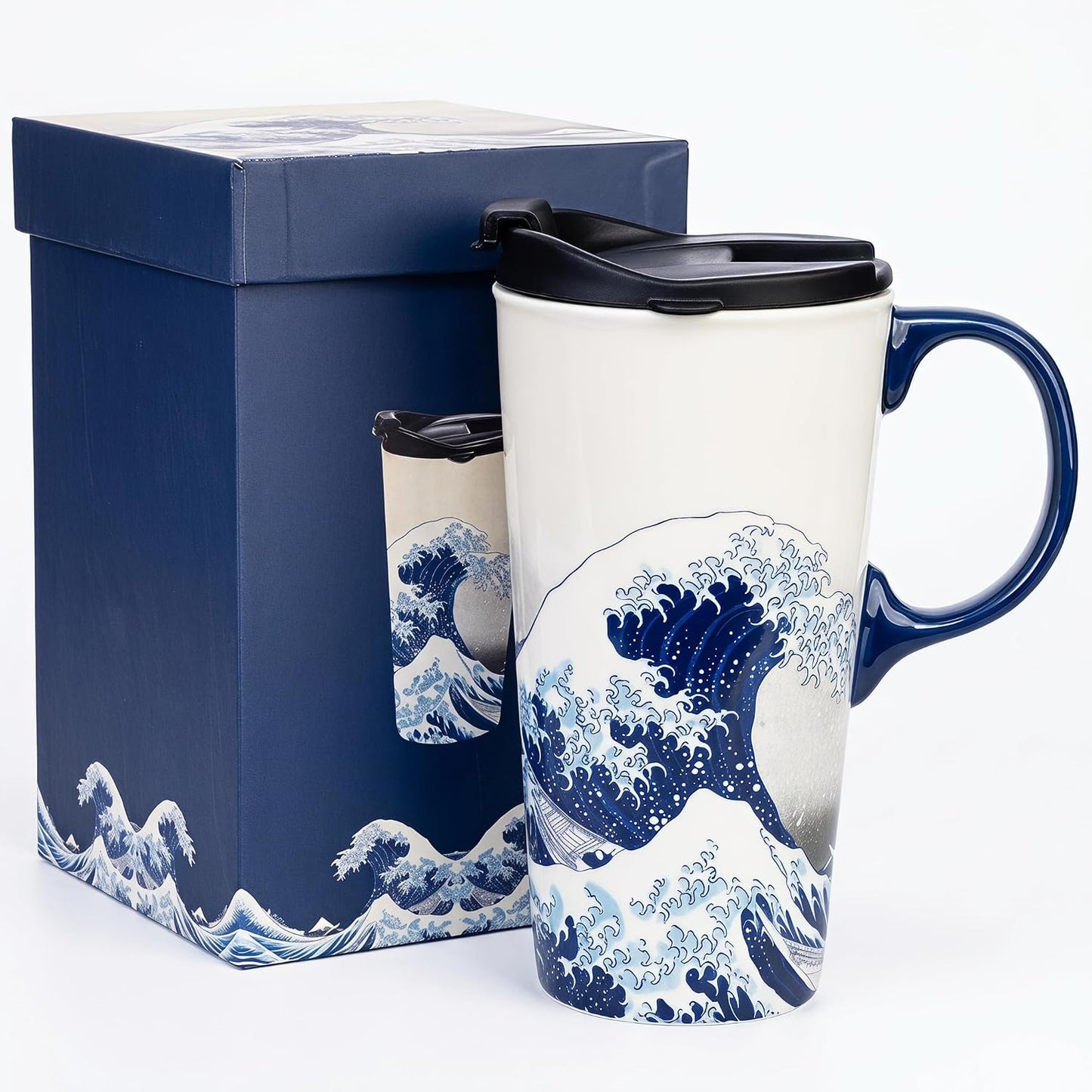 Topadorn 17oz Ceramic Travel Mug with Lid, Hokusai Great Wave Coffee Mug