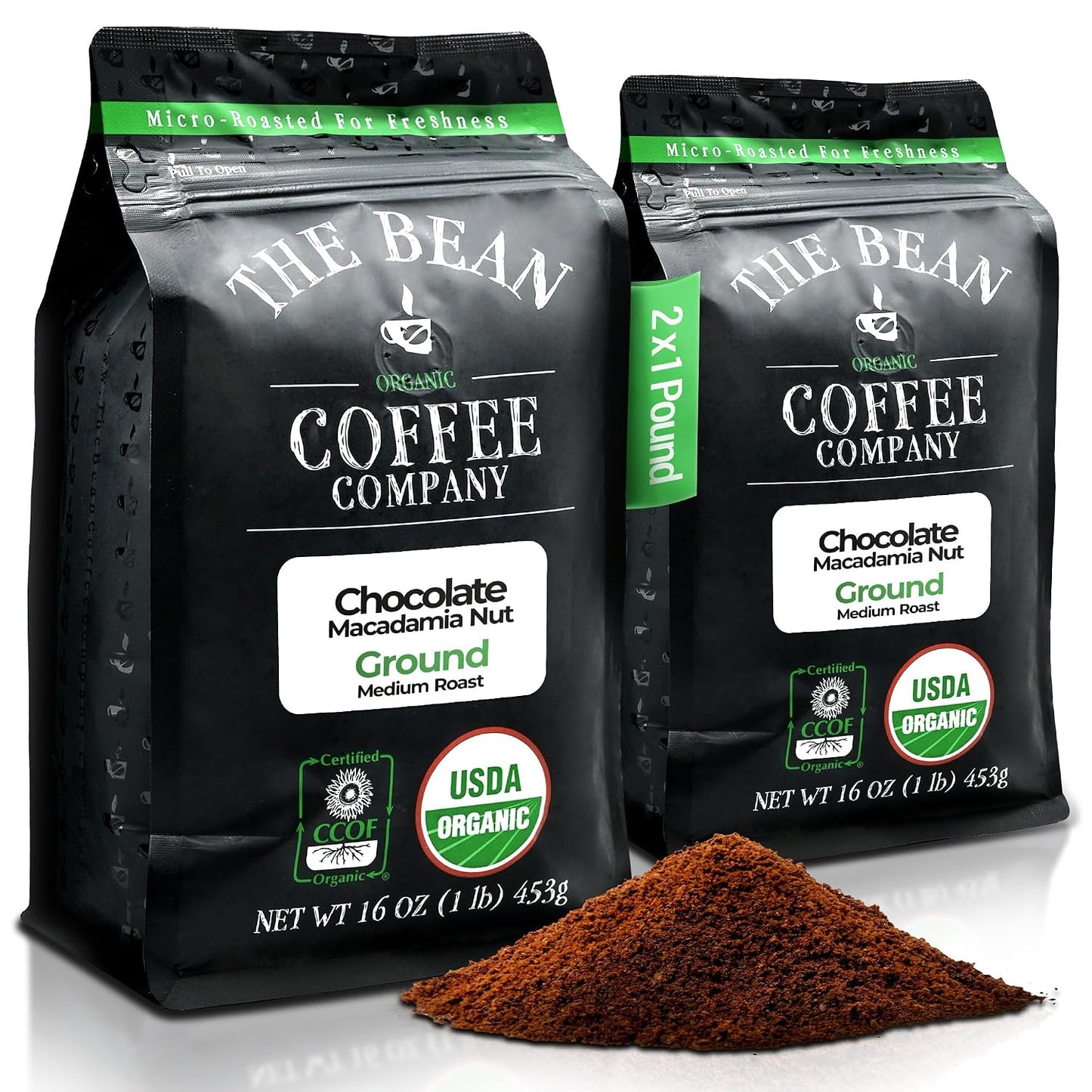 The Bean Organic Coffee Co. Chocolate Macadamia Nut, Ground, 2 x 1 lb | Rich chocolate and buttery macadamia nut. Organic ground coffee. Medium Roast. 2 x 1 lb.