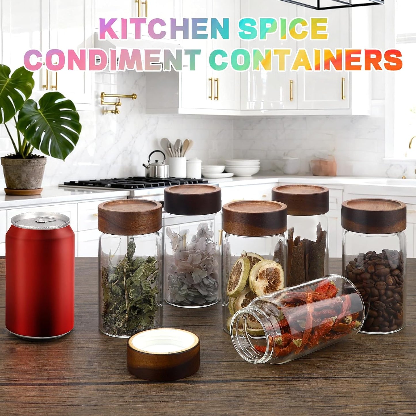 8 oz Small Glass Spice Jars with Airtight Wood Acacia Lid 4 PCS,Clear Coffee Ground Storage Canister Round Glass Spice Jar for Pantry Sugar Tea Bean Nuts Cookies Salts Seasoning