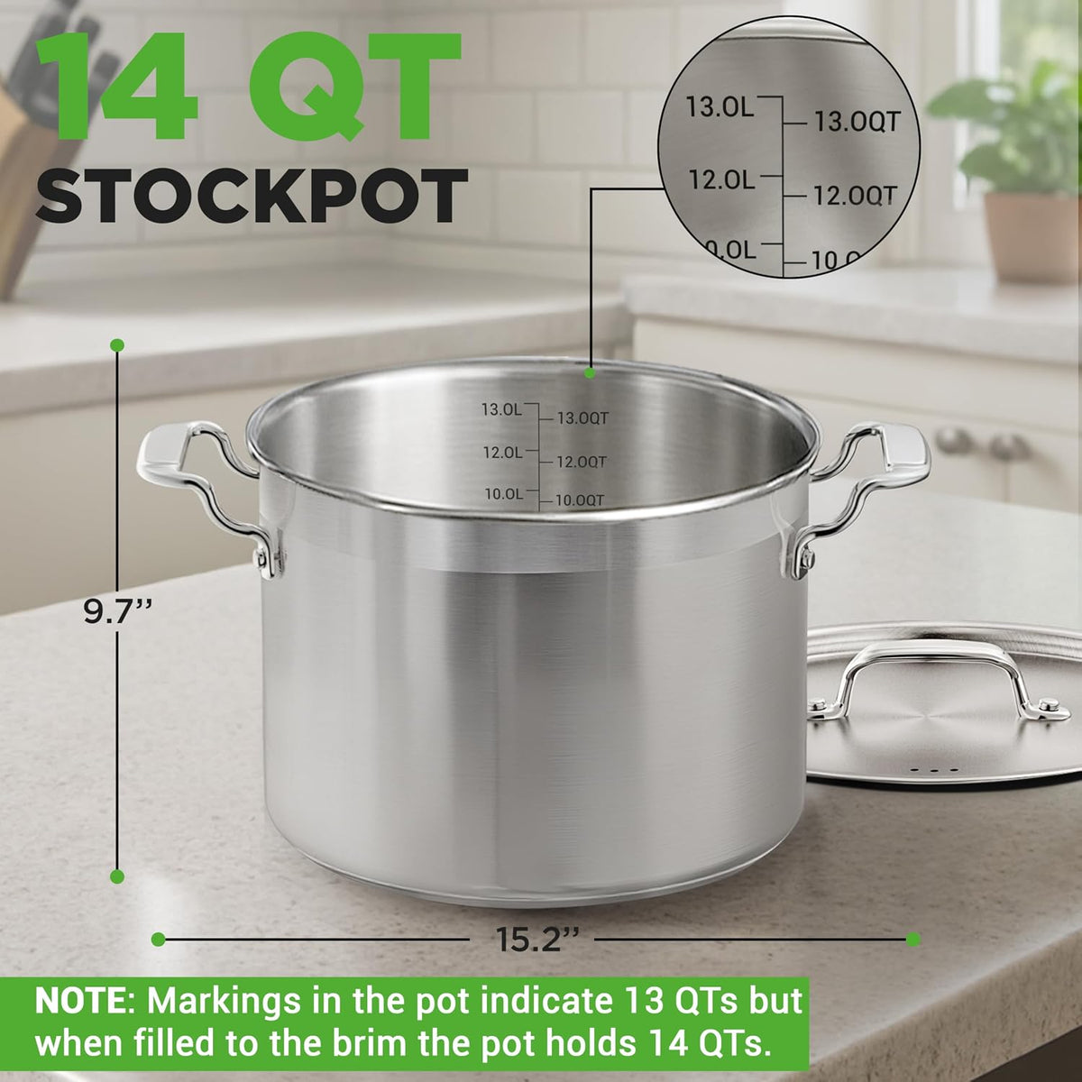 NutriChef 14 Quart Stock Pot with Lid - Heavy Duty Stainless Steel, Induction Ready, Ergonomic Handles