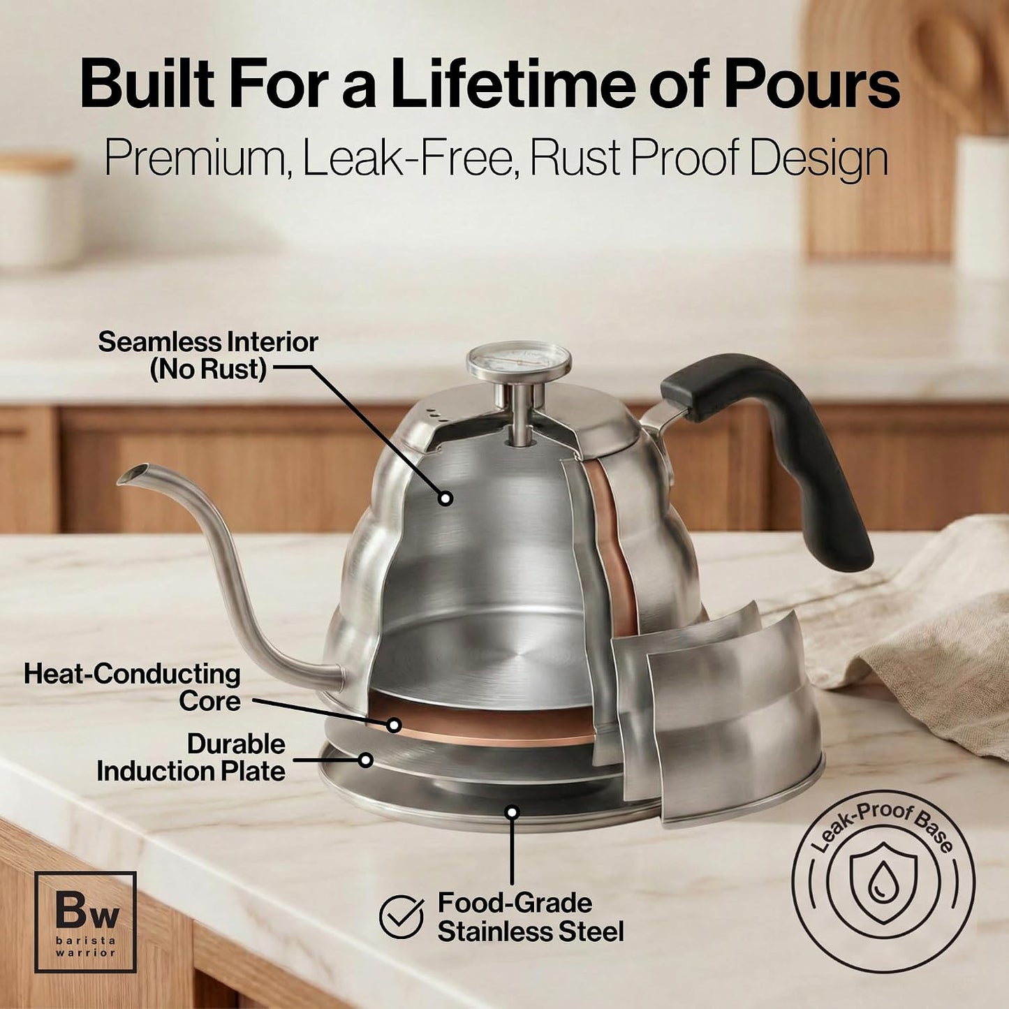 Barista Warrior Gooseneck Kettle with Thermometer - 1L Pour Over Coffee &amp; Tea Kettle, 18/8 Stainless Steel Gooseneck Kettle Pot, Precision Pour Drip Spout, Suitable for All-Stoves (34 fl oz)