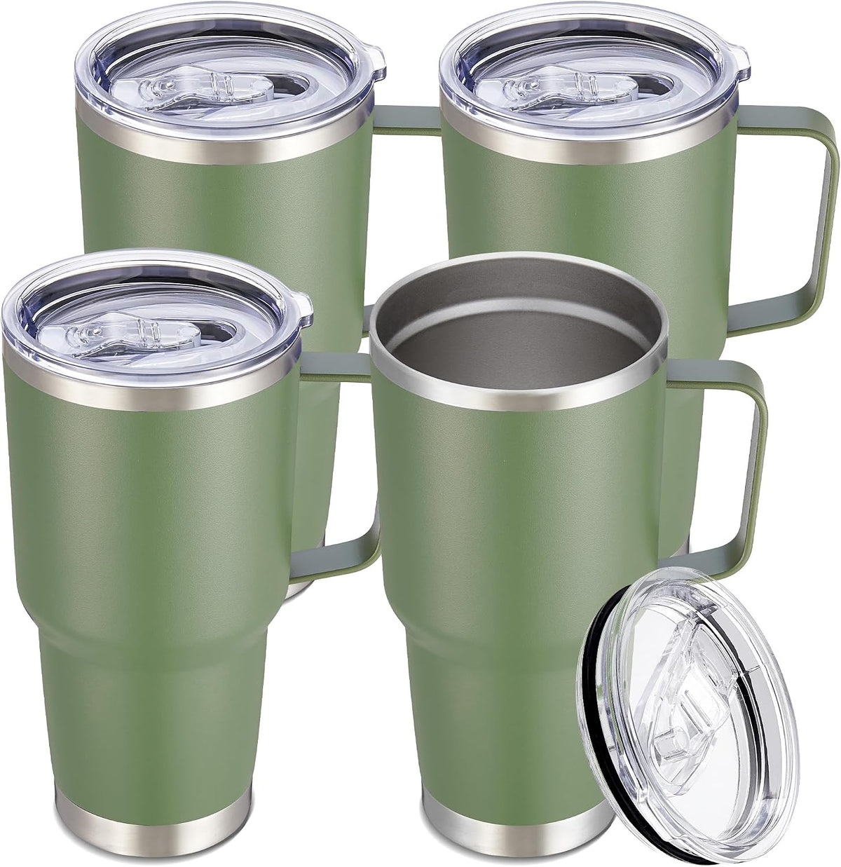 30 oz Stainless Steel Tumblers Bulk with Handle and Lid, 4 Pack | Powder Coated, Double Wall Vacuum Insulated, Leak Proof Lid, Keep Drinks Cold and Hot, for office, party, camping,Army Green