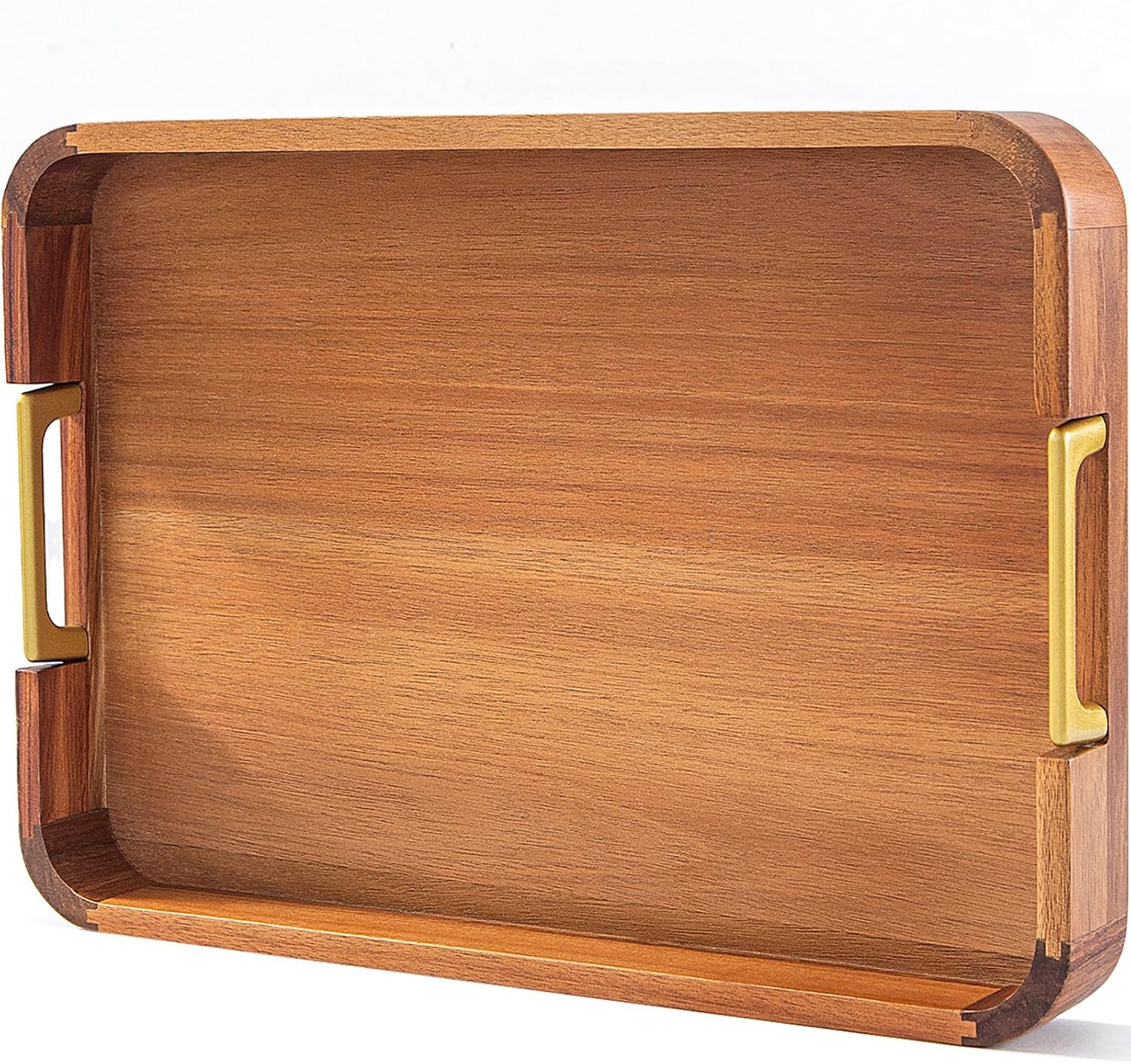 Acacia Wood Serving Tray with Metal Handles, 17x12in Food Drinks Tray for Coffee Table, Breakfast, Dinner &amp; Bar, Rustic Decorative Storage Tray for Ottoman, Kitchen, Parties
