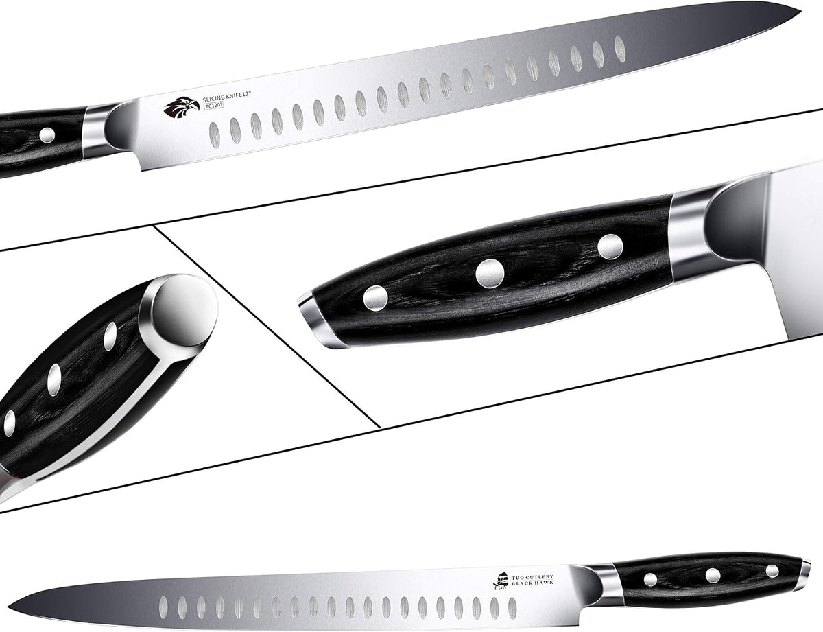 TUO Carving Knife - 12 Inch Brisket Slicing Knife for Grilled Meat and Bacon - High Carbon German Steel - Pakkawood Handle with Gift Box - BLACK HAWK SERIES