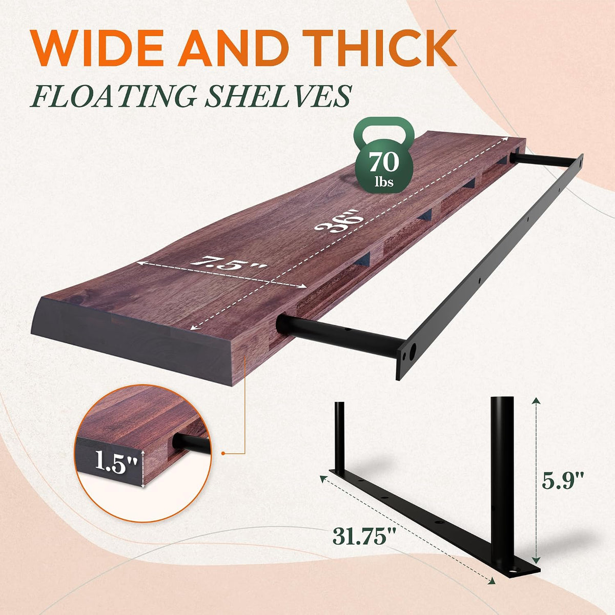 Howizz 36'' Live Edge Floating Shelves for Wall, Acacia Wood Wall Mounted Shelves with Invisible Brackets, Rustic Wooden Shelf Set of 2 for Living Room, Bedroom, Bathroom, Kitchen Decor, Cherry