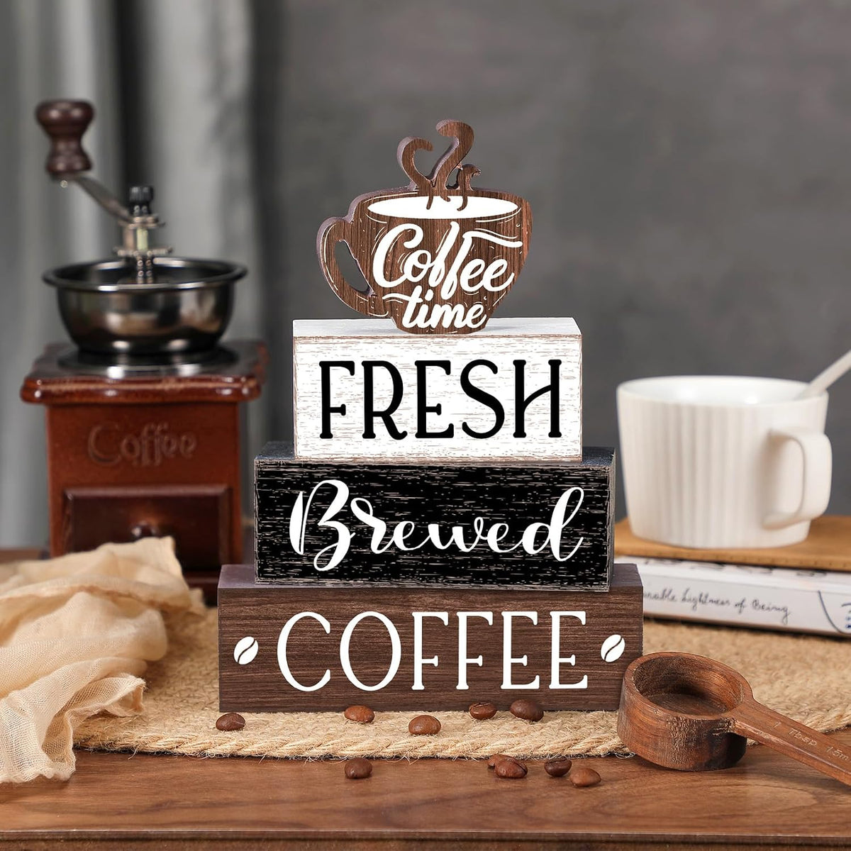 Cinnvoice 4 Pcs Coffee Bar Sign Accessories Wood Coffee Station Decorations | Coffee Time Fresh Brewed, Rustic Bar Sign Gift, Farmhouse Tiered Tray Table Centerpiece, for Counter Kitchen Shelf Tabletop
