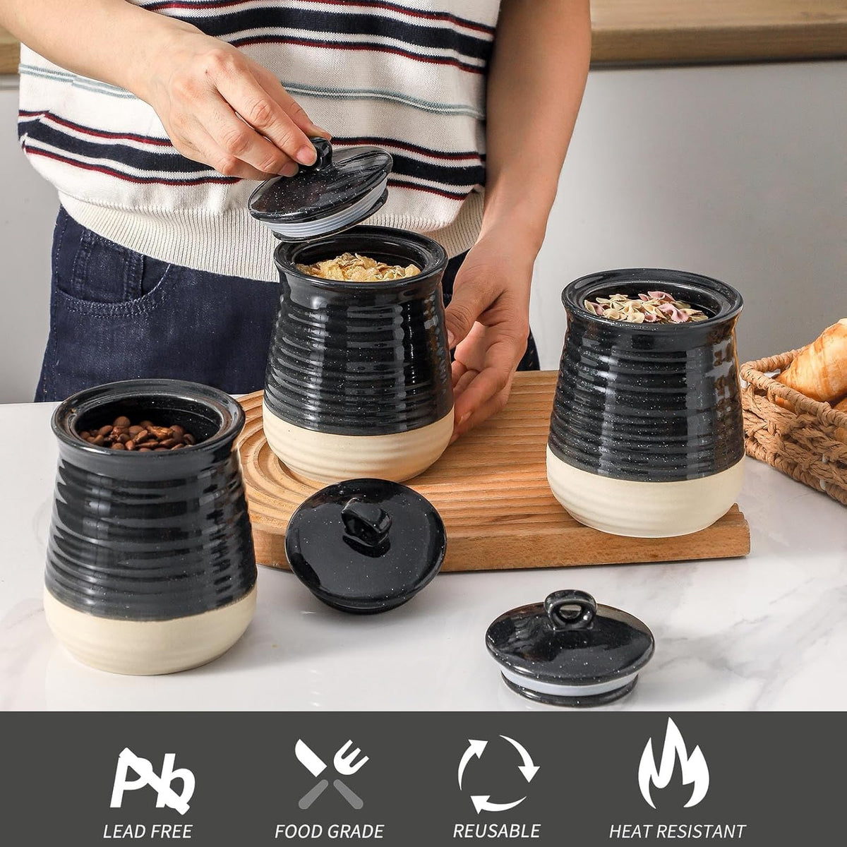 Ceramic Food Storage Jars,25 Oz Porcelain Kitchen Canisters with Airtight Lids Set of 3,Flour Containers for Countertop,Farmhouse Decor Serving Ground Coffee,Tea,Sugar,Pasta and Rice,Black＆White