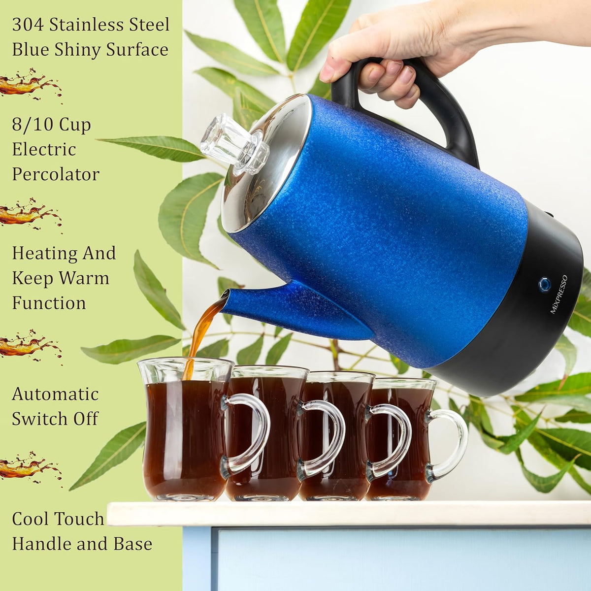 Mixpresso 10 Cup Percolator Coffee Pot Electric, Stainless Steel Coffee Percolator Electric With Keep Warm Function, Classic Perculator Pot With Removable Basket for Home or Office - Shiny Blue