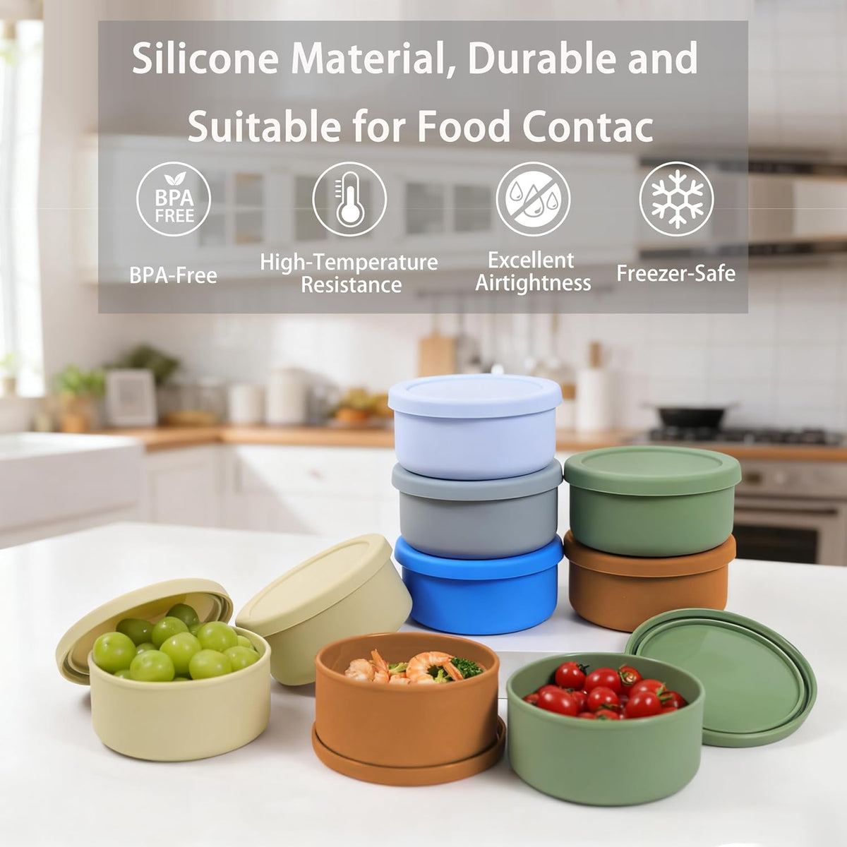 24 fl oz Adult Silicone Reusable Lunch Bento Bowl with Lid, Medium Airtight Food Storage Container for Cereal, Meal Prep &amp; Leftovers, BPA Free, Microwave Fridge Dishwasher Safe (Beige 1 Pack)