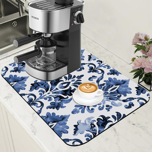 Blue Damask Flower Dish Drying Mat for Kitchen Counter Bar Mat Hide Stain Absorbent Rubber Backed Coffee Maker Espresso