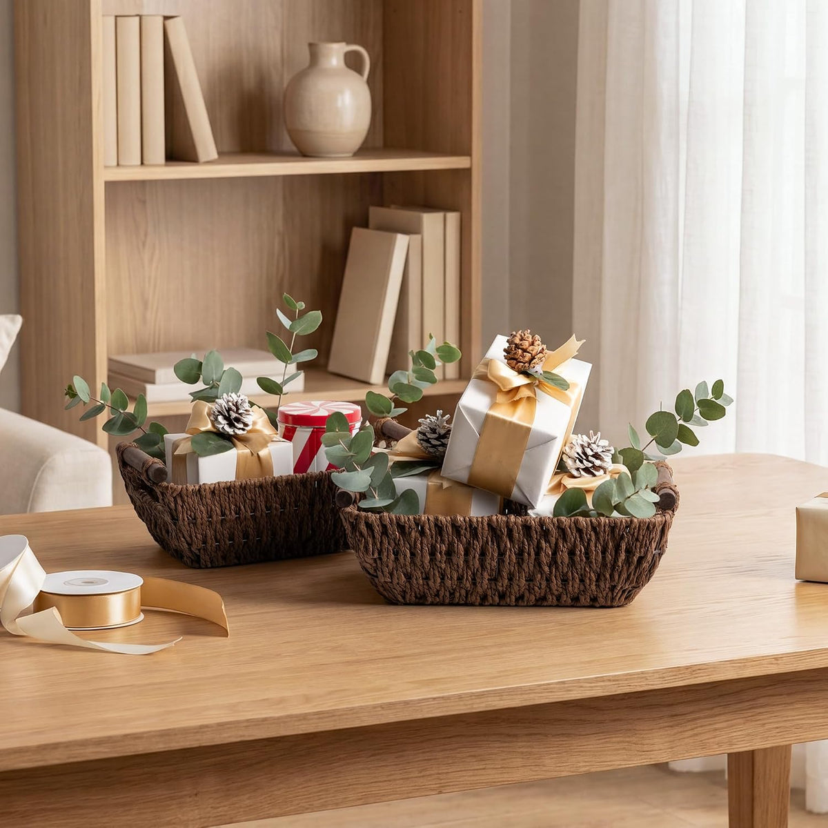 StorageWorks Small Wicker Baskets for Shelves, Dark Brown Basket, 2 Pack