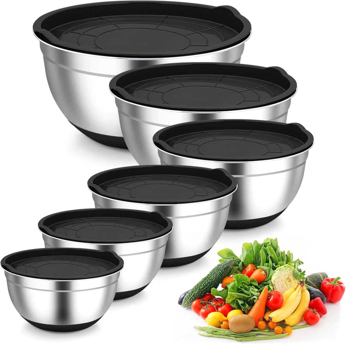 TeamFar Mixing Bowls, Stainless Steel Salad Bowls with Lids - Black | Nesting Bowls with Non-slip Bottom, for Kitchen Baking Preparing Serving, Stackable &amp; 6PCS - 4.6 /2.6 /2 / 1.5 /1 / 0.7 Qt