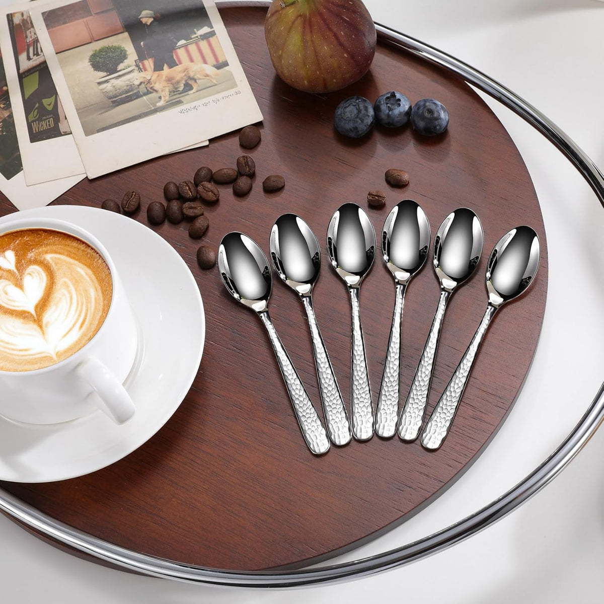 KEAWELL Premium Louise Hammered 6-Pc 4.4-Inch Coffee Spoons (6, 4.4 inches) | 18/10 Stainless Steel Demitasse Espresso Spoons; Hammered Design; Mini Coffee Spoons; Bright Mirror Polish; Dishwasher Safe