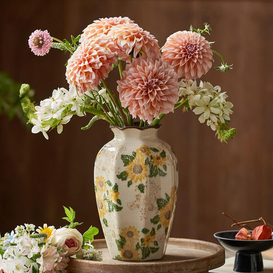 Vintage Pastoral Octagonal Vase, 9.3 Inch Ceramic Sunflower Flower Vases, Rustic Farmhouse Antique Chinoiserie Floral Vase