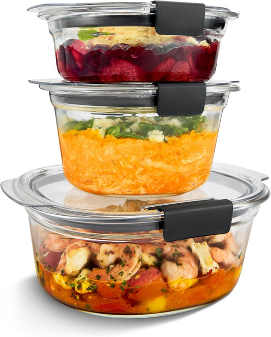 Rubbermaid Brilliance® Glass Round Leak-Proof 6-Piece Set Food Storage Containers, Food Containers with Lids, Meal Prep