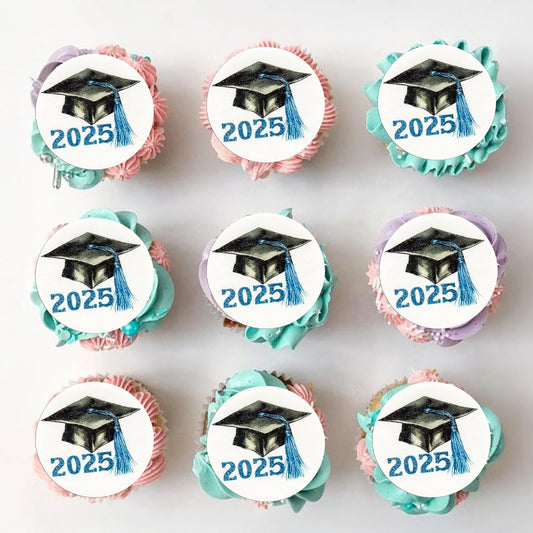 Gyufise 48Pcs Edible 2025 Graduation Cap Cupcake Toppers Wafer Paper Class of 2025 Grad Cap Cupcake Picks for 2025
