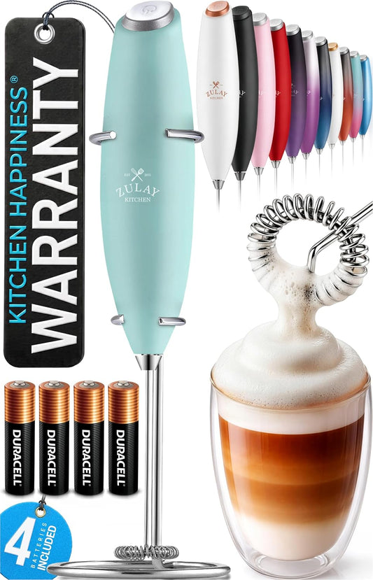Zulay Kitchen Powerful Milk Frother Wand With Duracell Batteries - Ultra Fast Handheld Drink Mixer - Electric Whisk Foam Maker for Coffee, Lattes, Cappuccino &amp; Matcha - Z1 Motor - Fresh Mint