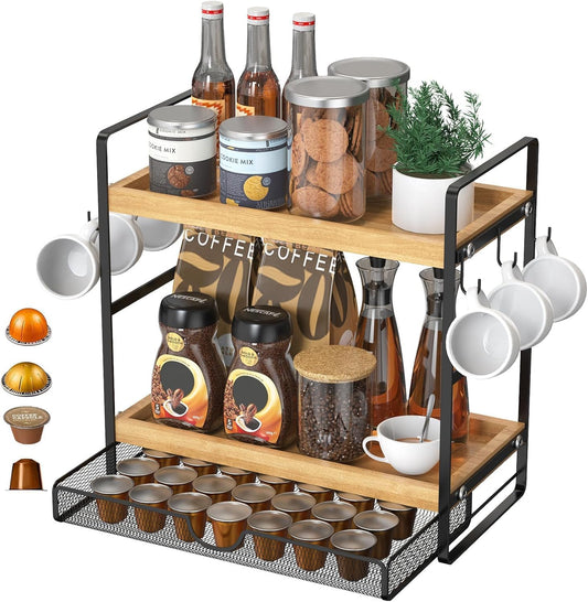 LEMIKKLE 2-Tier Coffee Station Organizer with Pod Holder and Drawer, Kitchen Countertop Organizer, Coffee Bar Accessories