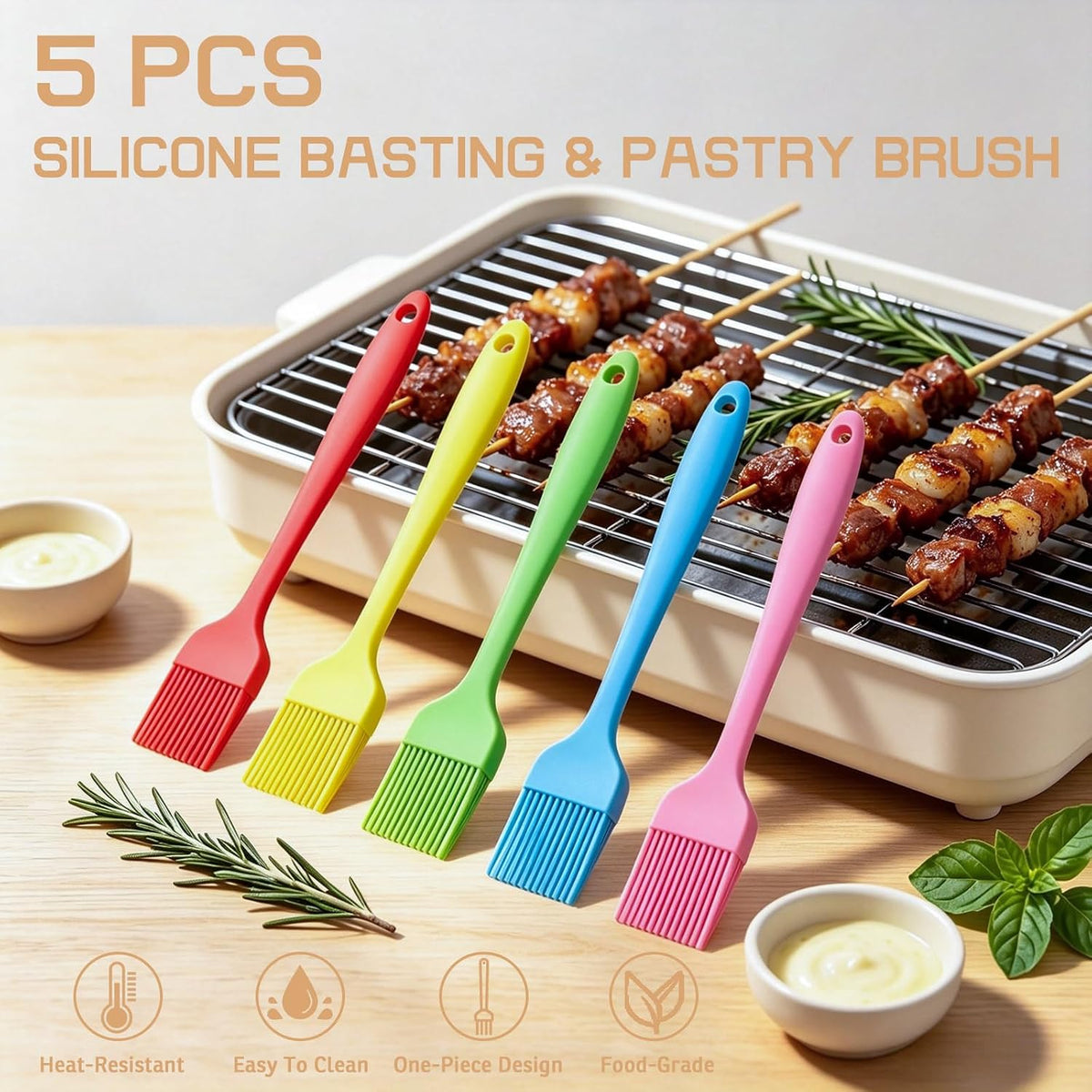 Silicone Basting Pastry Brush, 5 PCS Heat Resistant Food Brush Set, One-Piece Design, Stainless Steel Core Oil Brush of Baking, BBQ, Spreading Oil, Butter, Grilling, Marinade, Dishwasher Safe