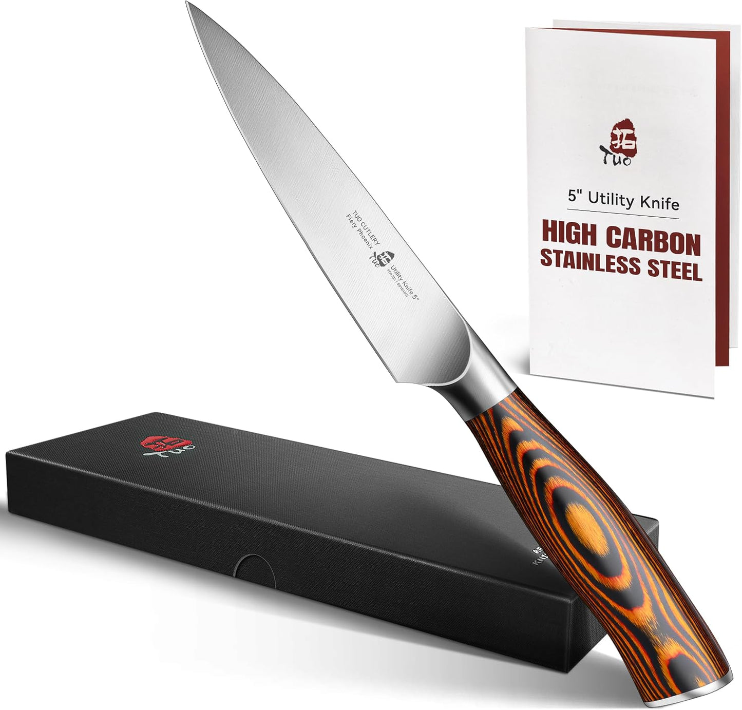 TUO Utility Knife, 5 inch Small Kitchen Knife for Paring &amp; Slicing, with Ergonomic Pakkawood Handle, High Carbon German Stainless Steel - Fiery Phoenix Series